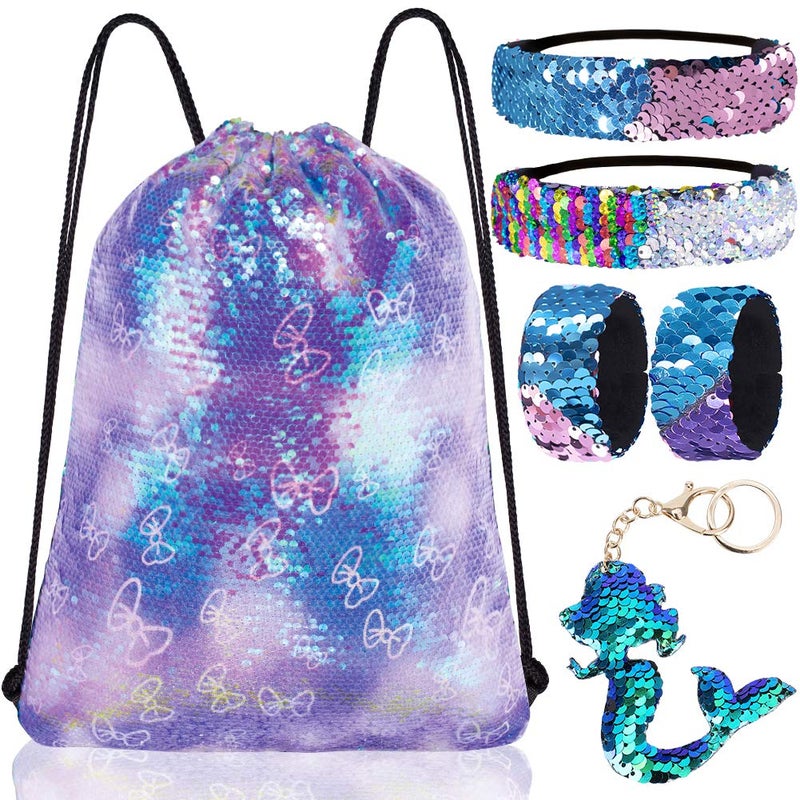 GA&EN Mermaid Reversible Sequin Drawstring Backpack/Bag Clear Iridescent Sequin+ Butterfly Shape Spotted Purple Fabric for Kids Girls One_Size - Image 1